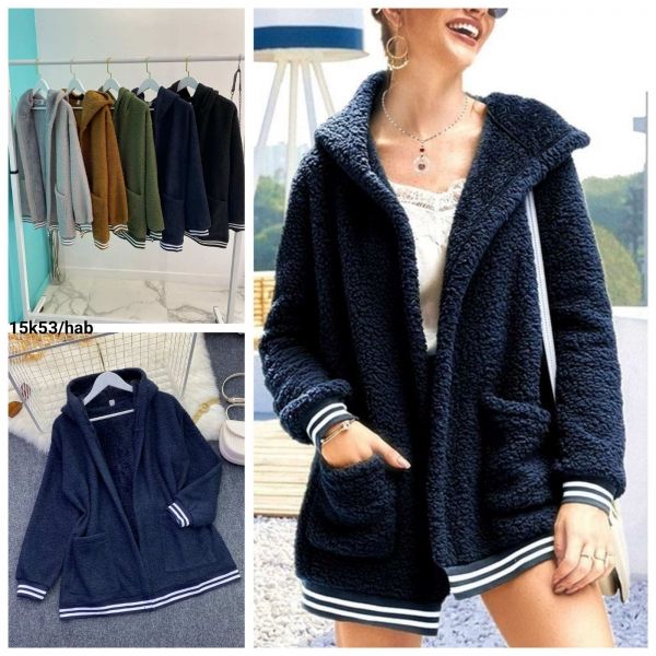 Cardigan Size Plus lamb with stripes on the bottom and hood dark blue K53