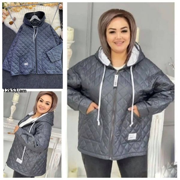 Jacket Size Plus glossy quilted with hood gray M29