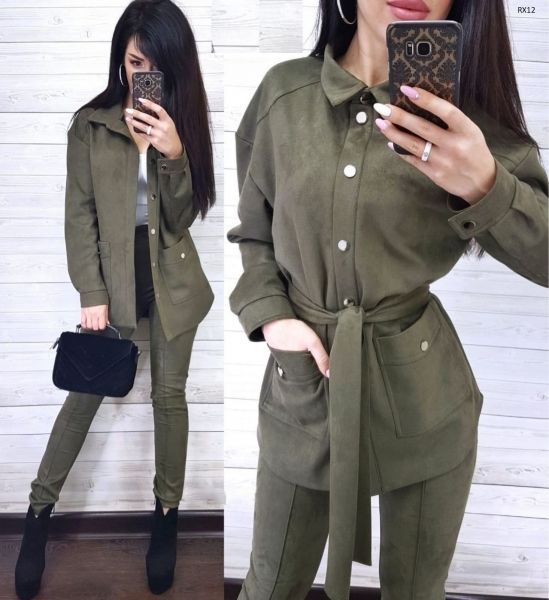 Suit with two-piece belt in khaki spandex suede RX BEK