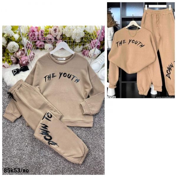 Suit Size Plus DOWN fleece sweatshirt and trousers beige K53