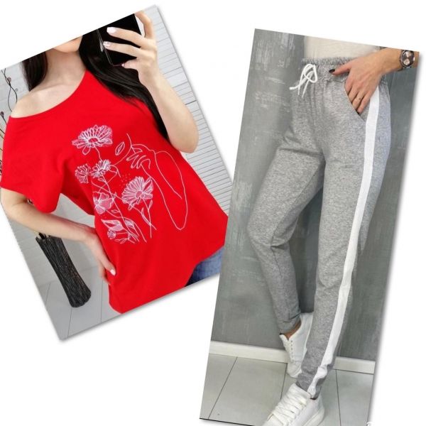 Suit red T-shirt SIZE Plus women's look and flowers with gray trousers 01IN