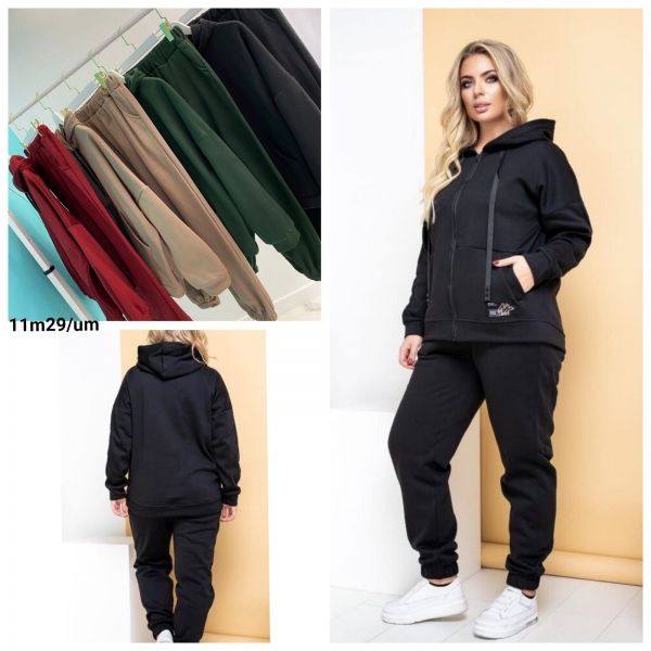 Suit Size Plus fleece sweatshirt with zipper with kangaroo pocket and trousers with cuffs black M29