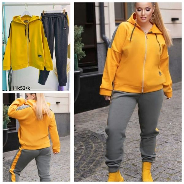 Suit Size Plus fleece sweatshirt with zipper and trousers with stripes yellow K53 11.23