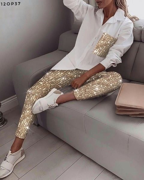 Suit shirt with pocket and trousers sequins gold OP37 11.23