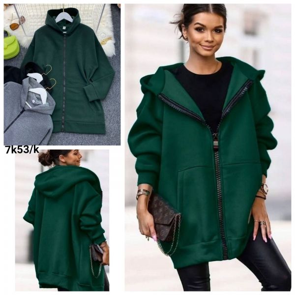 Cardigan Size Plus in fleece with hood and pocket with zipper green K53