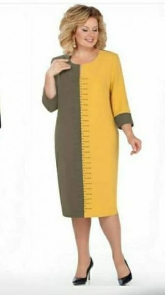 Dress SIZE PLUS two-tone khaki-yellow RH122