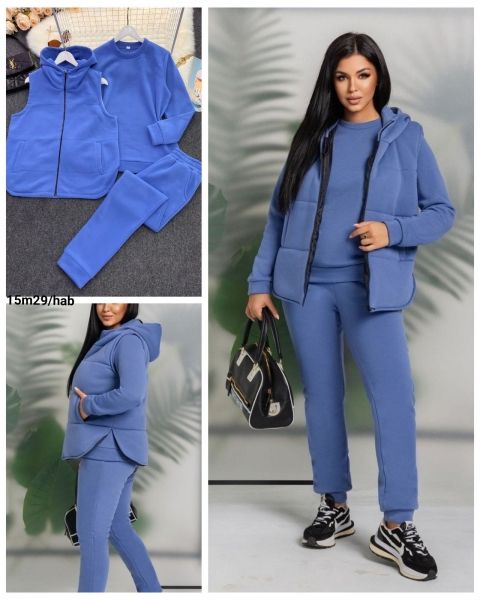 Suit Size Plus fleece sweatshirt trousers and vest with hood with zipper blue M29