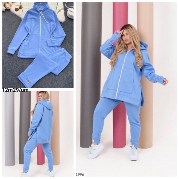 Suit Size Plus fleece sweatshirt with zipper with kangaroo pocket and slits on the sides and trousers blue M29