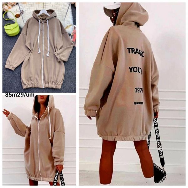 Cardigan Size Plus with zipper with inscriptions on the back beige M29