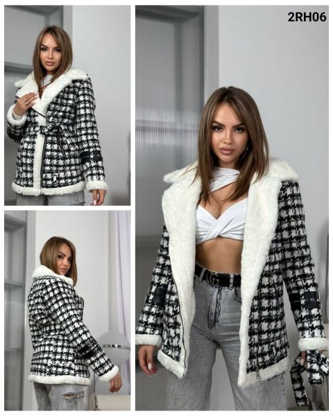 Stylish coat with a zipper houndstooth with white fur RH06