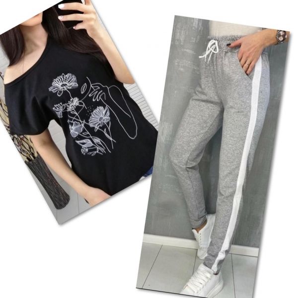 Suit black T-shirt SIZE Plus women's look and flowers with gray trousers IN