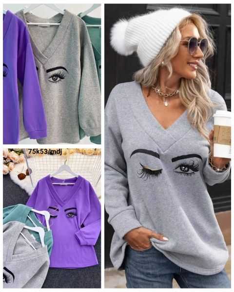 Size Plus fleece blouse with V-neck eyes gray 10.23 K53