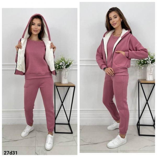 Suit Size Plus on fleece three-piece sweatshirt trousers and vest with pockets powder D31