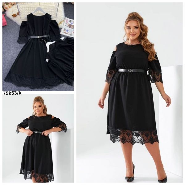 Dress Size Plus with open shoulders guipure on sleeves and hem black K53