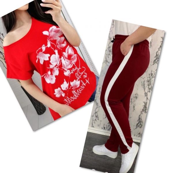 Suit red T-shirt SIZE Plus women's look and flowers with burgundy trousers 01IN