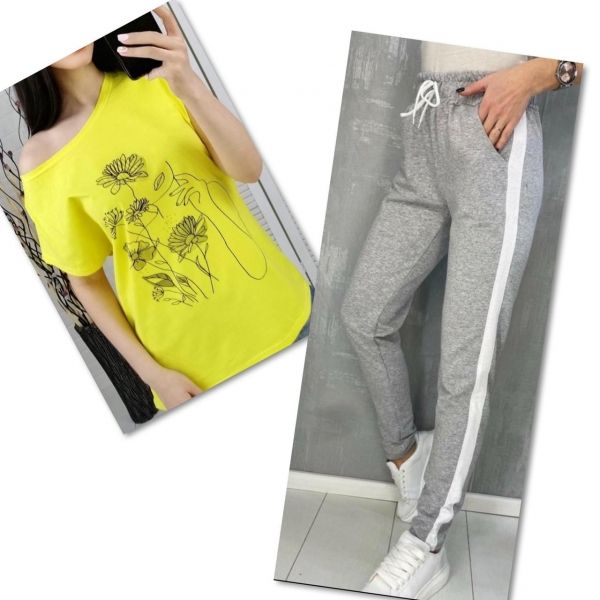 Suit yellow T-shirt SIZE Plus women's look and flowers with gray trousers 01IN