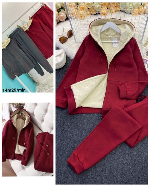 Suit Size Plus fleece sweatshirt with fur liner and trousers red wine 10.23 M29