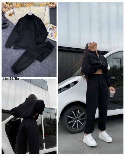 Fleece suit sweatshirt with zipper and trousers black M29