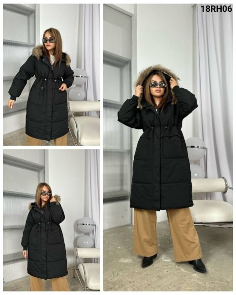 Long jacket with fur hood, black RH06