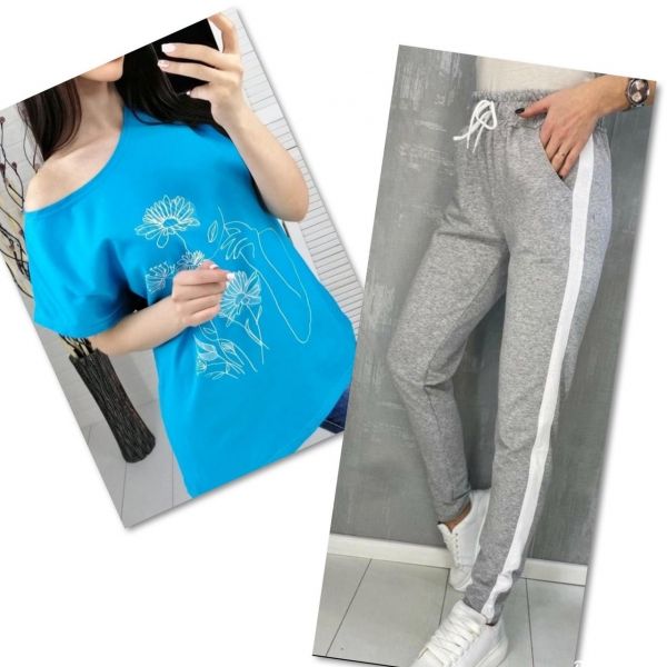 Suit blue T-shirt SIZE Plus women's look and flowers with gray trousers IN