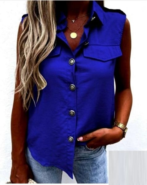 Blouse Singapore imitation pockets bright blue A133