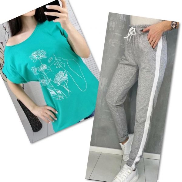 Suit turquoise T-shirt SIZE Plus women's look and flowers with gray trousers IN