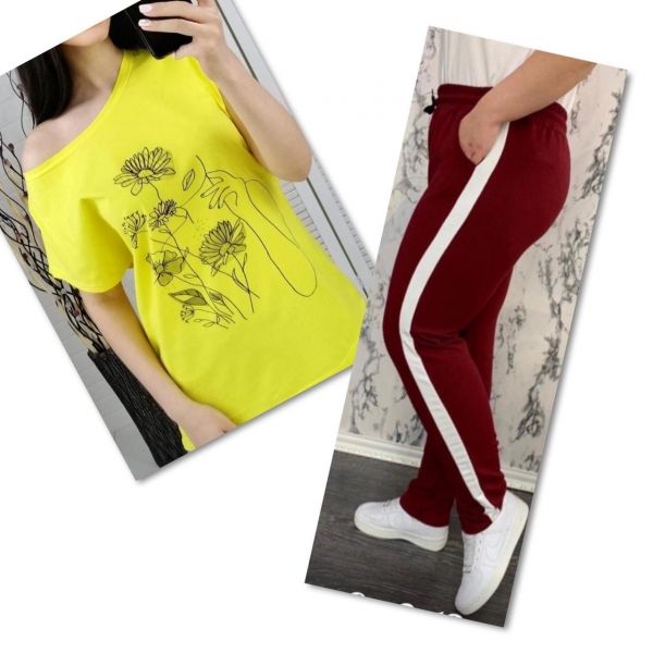 Suit yellow T-shirt SIZE Plus women's look and flowers with burgundy trousers 01IN