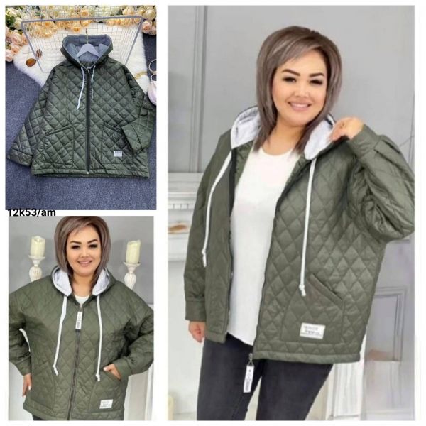 Jacket Size Plus glossy quilted with khaki hood M29