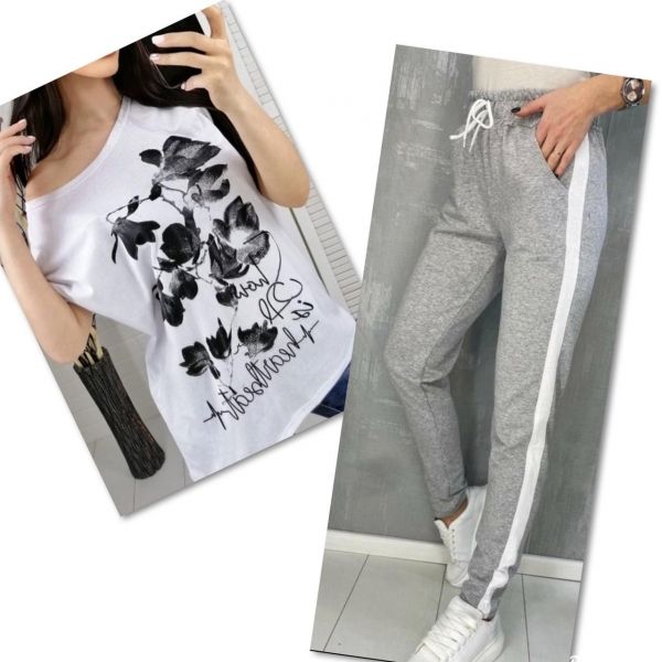 Suit white T-shirt SIZE Plus FLWERS with gray trousers IN