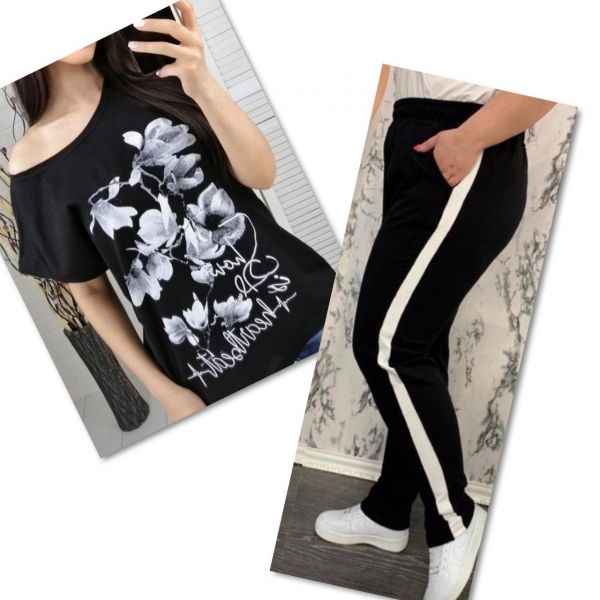 Suit black T-shirt SIZE Plus FLWERS with black trousers IN