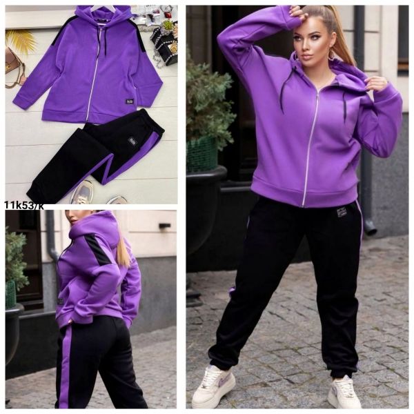 Suit Size Plus fleece sweatshirt with zipper and trousers with stripes purple K53 11.23