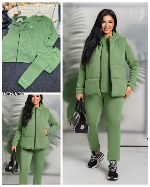 Suit Size Plus fleece sweatshirt trousers and vest with hood with zipper olive M29