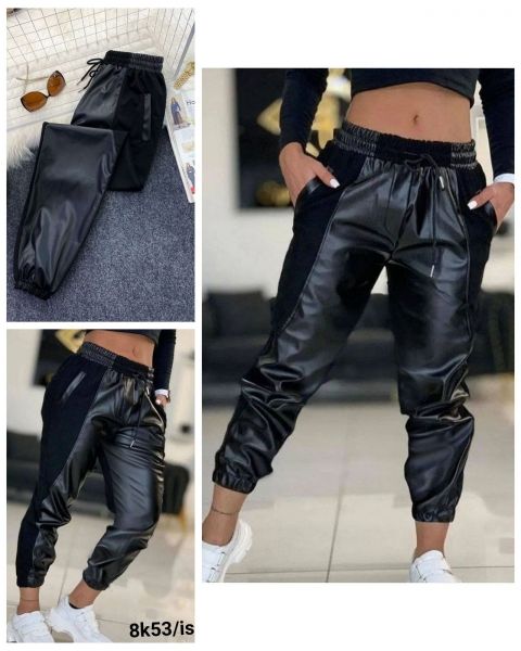 Size Plus leather-look trousers with inserts black 10.23 K53