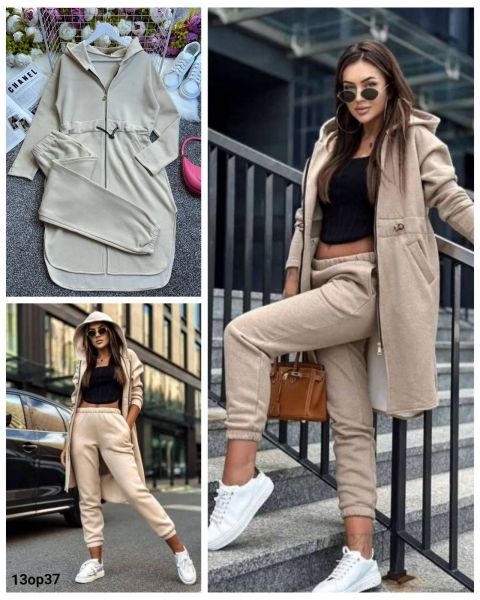 Suit Size Plus with fleece cardigan with drawstrings at the waist and cream trousers OP37