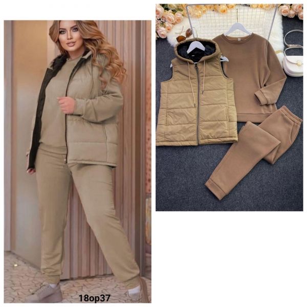 Suit Size Plus three-piece vest with hood, jacket and trousers in capppuccino fleece OP37