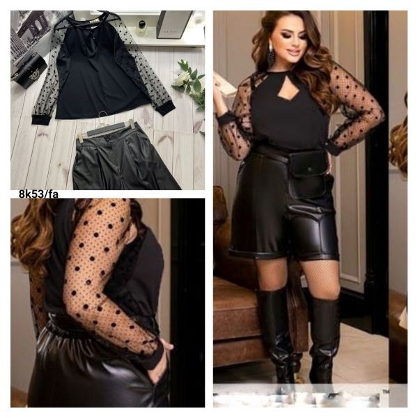 Suit Size Plus jacket with mesh polka dot sleeves and shorts black K53