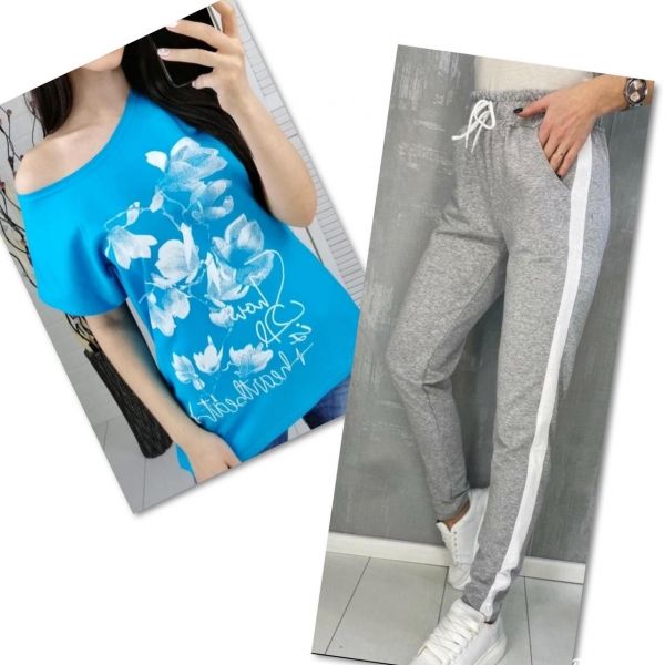 Suit blue T-shirt SIZE Plus FLWERS with gray trousers IN