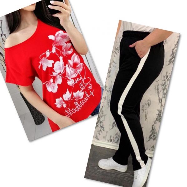 Suit red T-shirt SIZE Plus FLWERS with black trousers IN