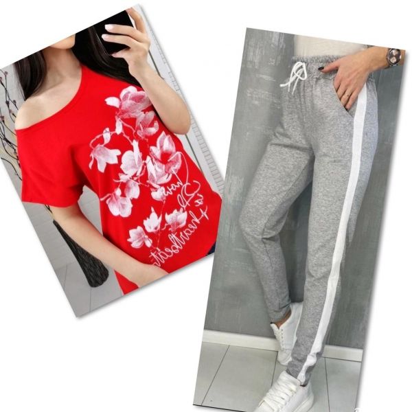 Suit red T-shirt SIZE Plus FLWERS with gray trousers IN