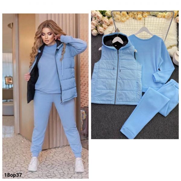 Suit Size Plus three-piece vest with hood, jacket and trousers with fleece blue OP37