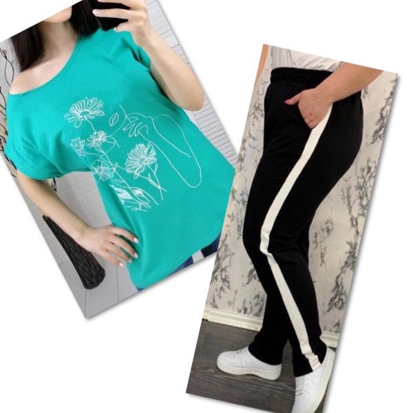 Suit turquoise T-shirt SIZE Plus women's look and flowers with black trousers IN