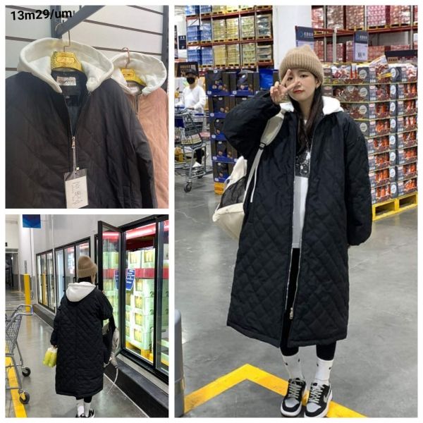 Quilted coat with white hood, black M29