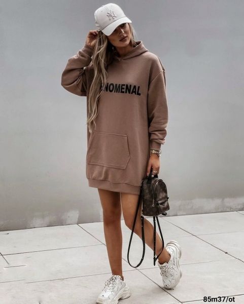 Phenomenal tunic with hood and kangaroo pocket cappuccino M37