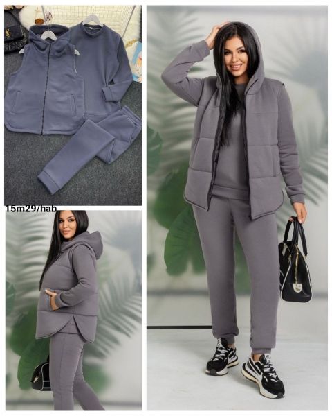 Suit Size Plus fleece sweatshirt trousers and vest with hood with zipper gray M29