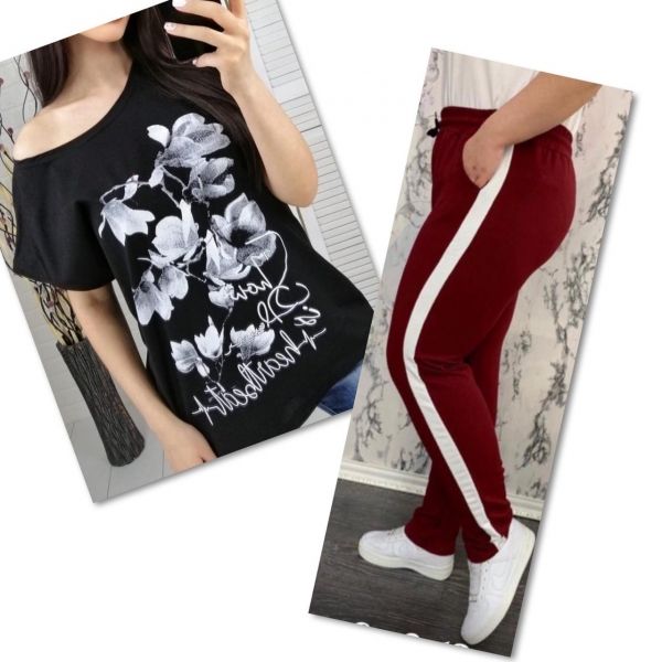 Suit black T-shirt SIZE Plus FLWERS with burgundy trousers IN