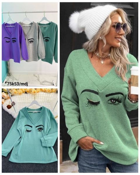 Size Plus fleece blouse with V-neck eyes turquoise 10.23 K53