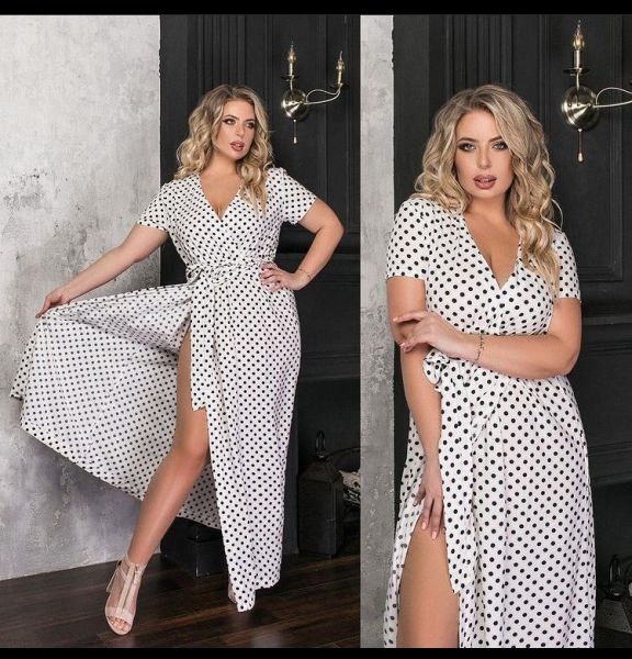 Soft wrap dress SIZE PLUS with polka dots, white KH110 10.23 KH745