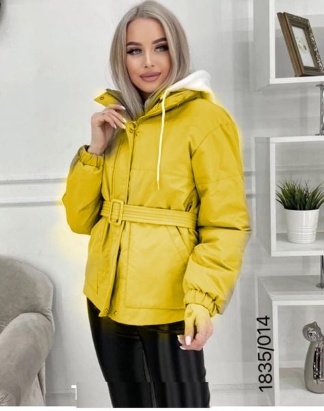 Jacket with belt and knitted hood, yellow T124