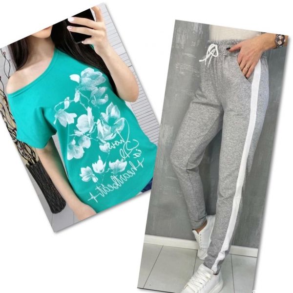 Suit turquoise T-shirt SIZE Plus FLWERS with gray trousers IN