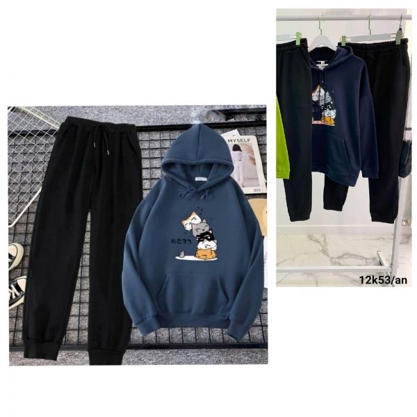 Suit Size Plus cartoon dark blue sweatshirt and trousers K53